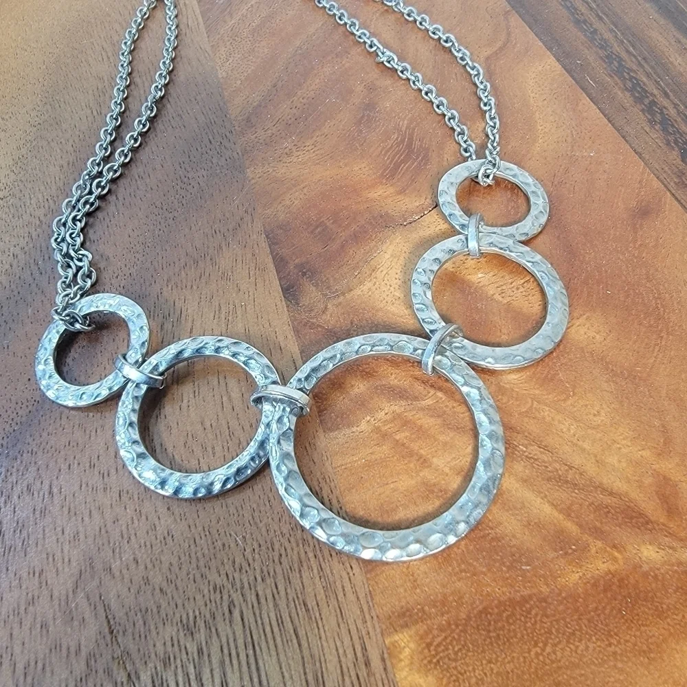 Hammered Metal Rings Silver Tone Statement Necklace Double chain